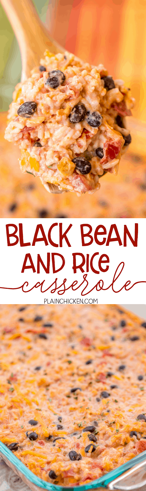 Black Bean and Rice Casserole - a quick and easy Mexican side dish! Can make ahead and refrigerate until ready to bake. Black beans, diced tomatoes and green chiles, tomato sauce, salsa, rice, sour cream and cheddar cheese. Makes a ton!!! Can serve as a side dish or meatless main dish. Also great served with chips for a dip. We LOVE this easy side dish recipe!