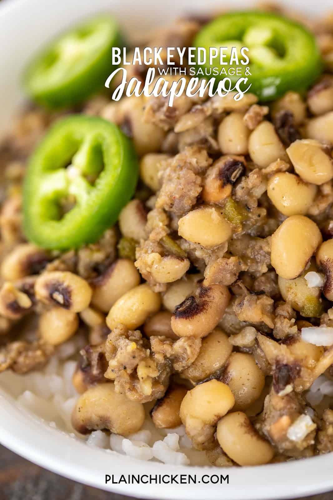 Black Eyed Peas with Sausage and Jalapeños - the BEST black eyed peas EVER! I could make a meal out of these yummy peas!!! Frozen black eyed peas, sausage, jalapeños, garlic, salt, onion, cumin, sage, chicken broth. A must for your New Year's Day meal. Great side dish! #sidedish #blackeyedpeas #sausage