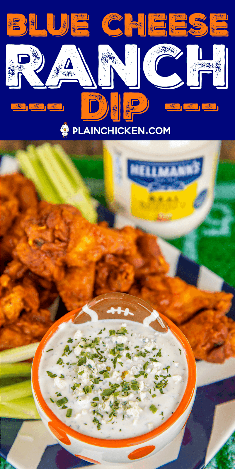 Blue Cheese Ranch Dip - the best of both worlds!! So simple and it tastes 1000 times better than the bottled stuff! Hellmann's/Best Foods Mayonnaise, buttermilk, pepper, chives, parsley, dill weed, garlic, onion, salt and blue cheese. Perfect accompaniment to your game day wings!