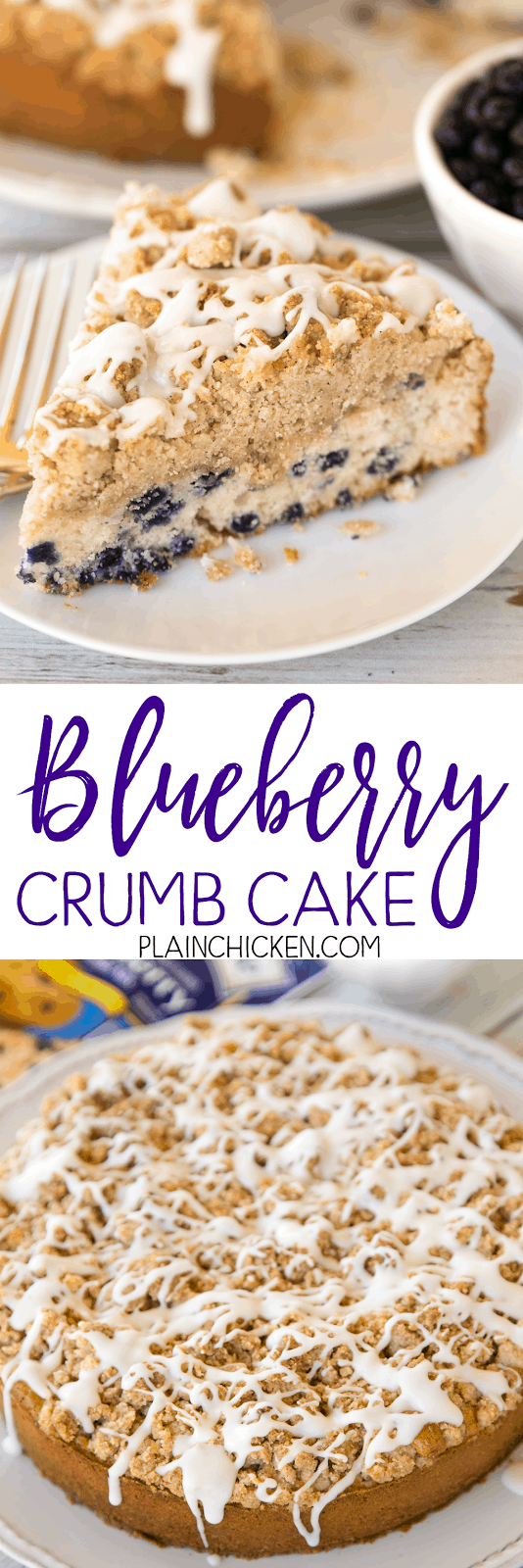 Blueberry Crumb Cake - easy and delicious breakfast treat! Blueberry muffin mix topped with an easy crumb topping. Seriously DELICIOUS! Martha White blueberry muffin mix, milk, sugar, brown sugar, cinnamon, flour, butter, powdered sugar, vanilla. Can make ahead and reheat in the morning. Great for breakfast or dessert!! YUM!