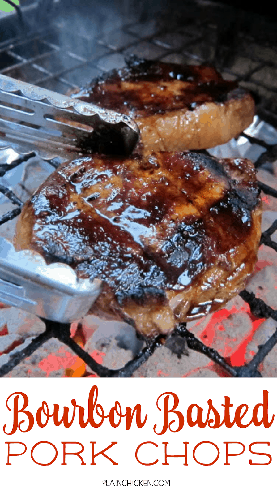 Bourbon Basted Pork Chops - pork chops basted in a quick homemade bourbon sauce - lemon juice, soy sauce, Worcestershire sauce, bourbon, onion, hot sauce and pepper. So easy and really good. A favorite at our BBQ parties!