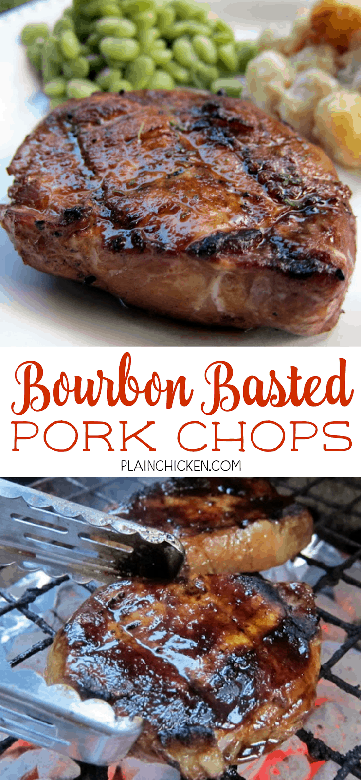 Bourbon Basted Pork Chops - pork chops basted in a quick homemade bourbon sauce - lemon juice, soy sauce, Worcestershire sauce, bourbon, onion, hot sauce and pepper. So easy and really good. A favorite at our BBQ parties!