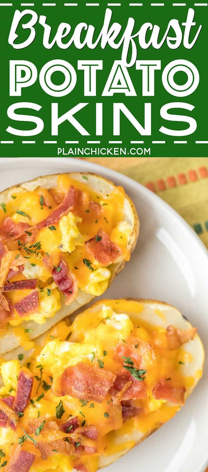Breakfast Potato Skins - potato skins loaded with eggs, bacon and cheddar cheese. Can make the potatoes ahead of time and finish off in the morning for a quick breakfast. Everyone LOVES these! Can customize with your favorite toppings - sour cream, salsa, green onions. The possibilities are endless!