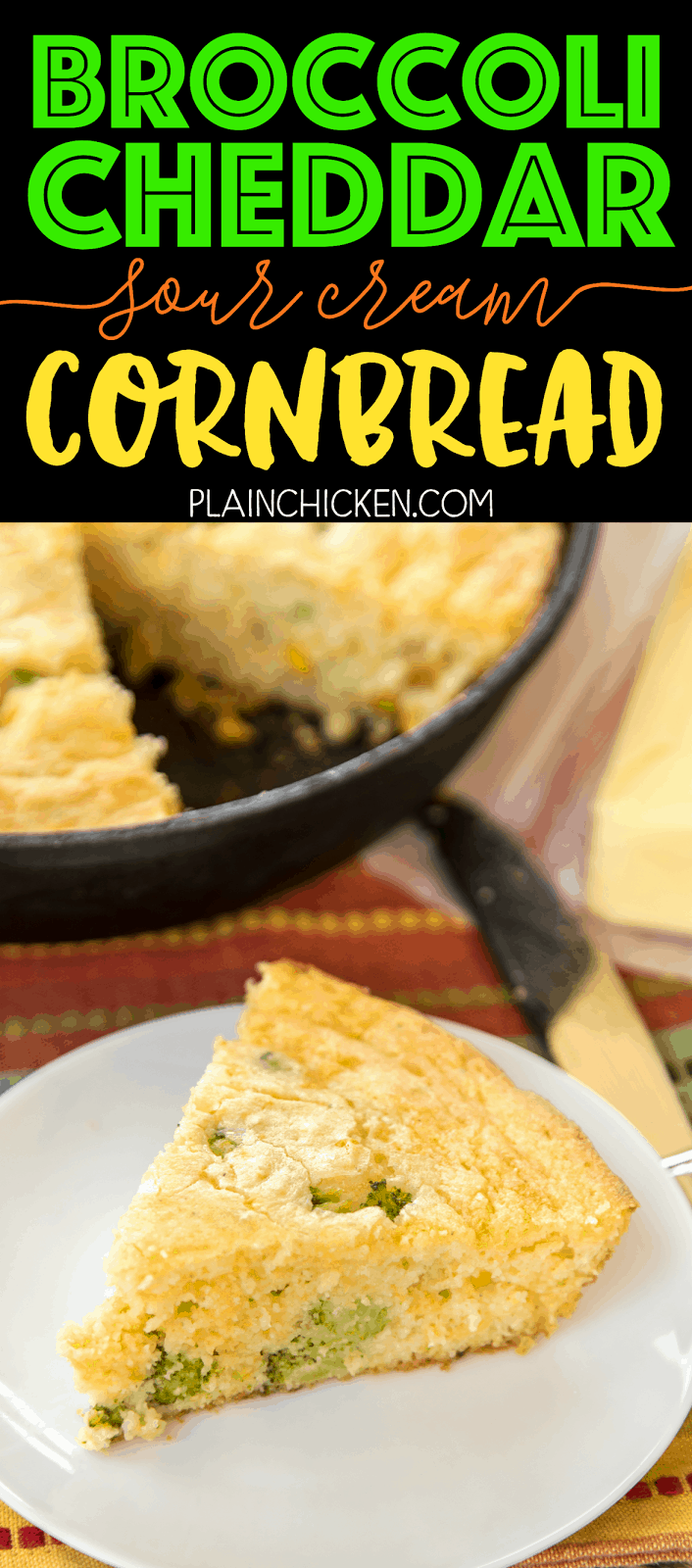 Broccoli Cheddar Sour Cream Cornbread Recipe - only 7 ingredients! Ready in 30 minutes! This is seriously THE BEST cornbread recipe! SO delicious and super easy! Cornmeal, sour cream, creamed corn, eggs, oil, broccoli and cheddar. We love this easy cornbread recipe! Great for potlucks and cookouts. I could make a meal out of it!