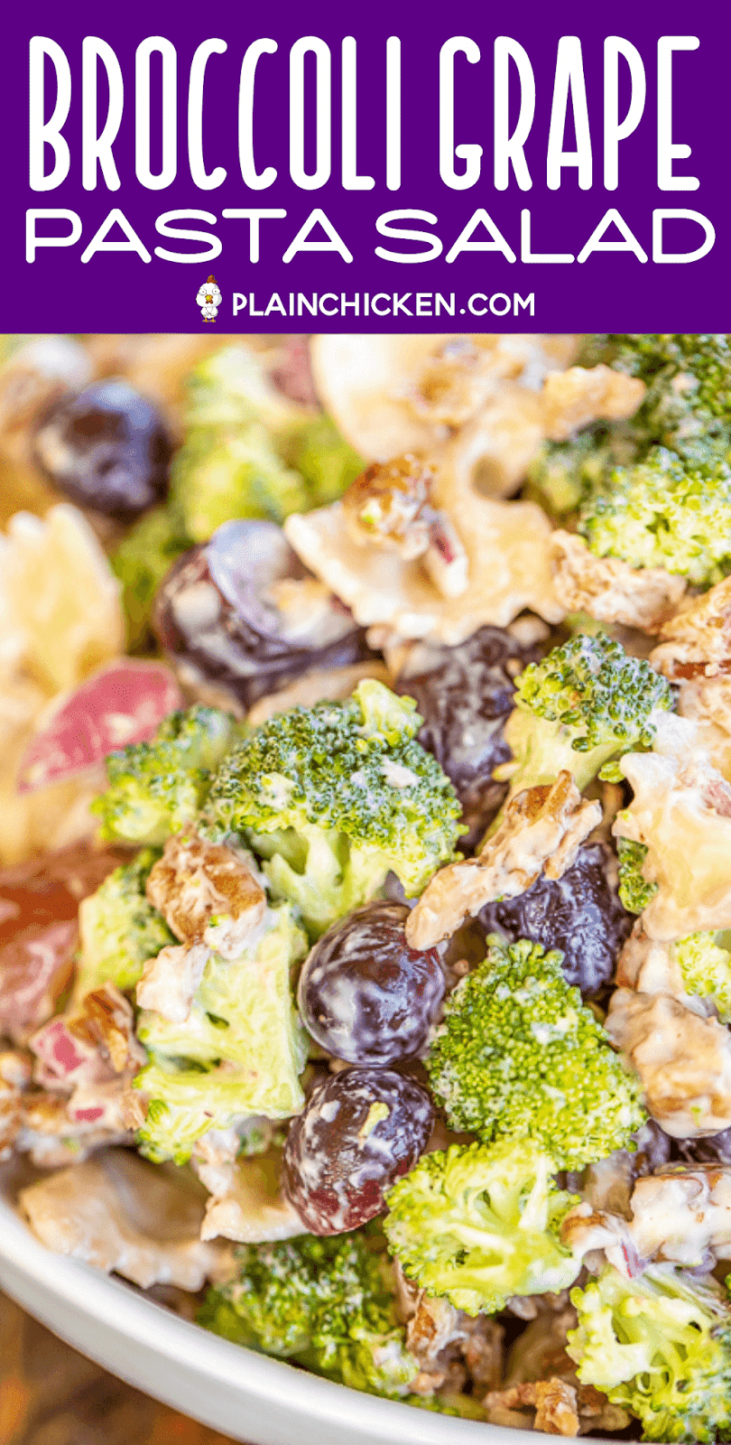 close up of broccoli grape pasta salad