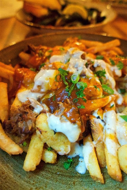 Southern Poutine Fries at Brotula's in Destin, FL - fries topped with BBQ Gravy, Pulled Pork, green onions, shredded cheese and fried cheese. I could make a meal out of these fries! SOOO good! A MUST!