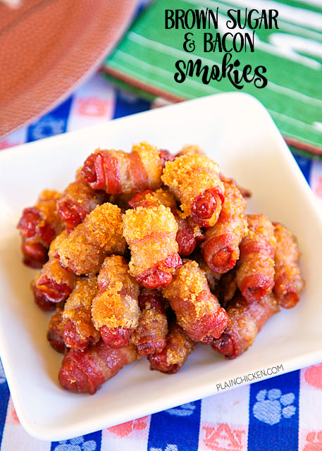Brown Sugar and Bacon Smokies - only 3 ingredients and ready in under 30 minutes! These things fly off the plate at parties. I always double the recipe. SO GOOD!!!