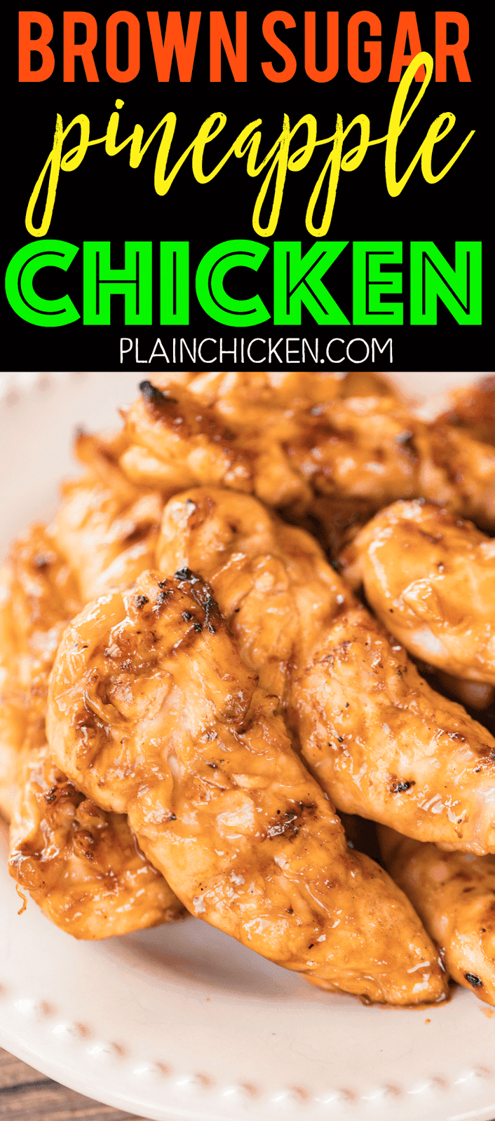 Brown Sugar Pineapple Chicken - only 4 ingredients! SO good!!! We actually made it twice in one week. Pineapple juice, brown sugar, BBQ sauce and chicken. Such an easy weeknight meal.