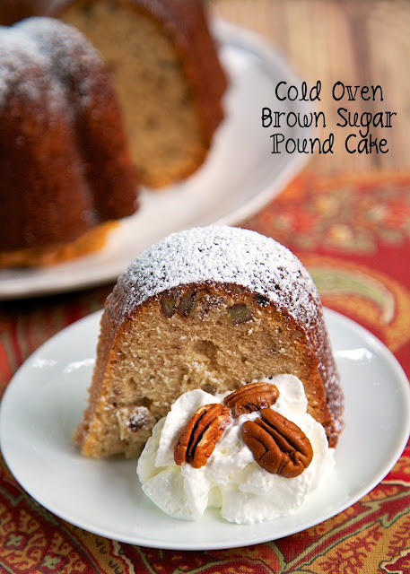 Cold Oven Brown Sugar Pound Cake Recipe - amazing pound cake packed full of brown sugar and pecans! This cake is placed in a cold oven and baked while it preheats. No waiting on the oven to preheat! Tastes SO good! 