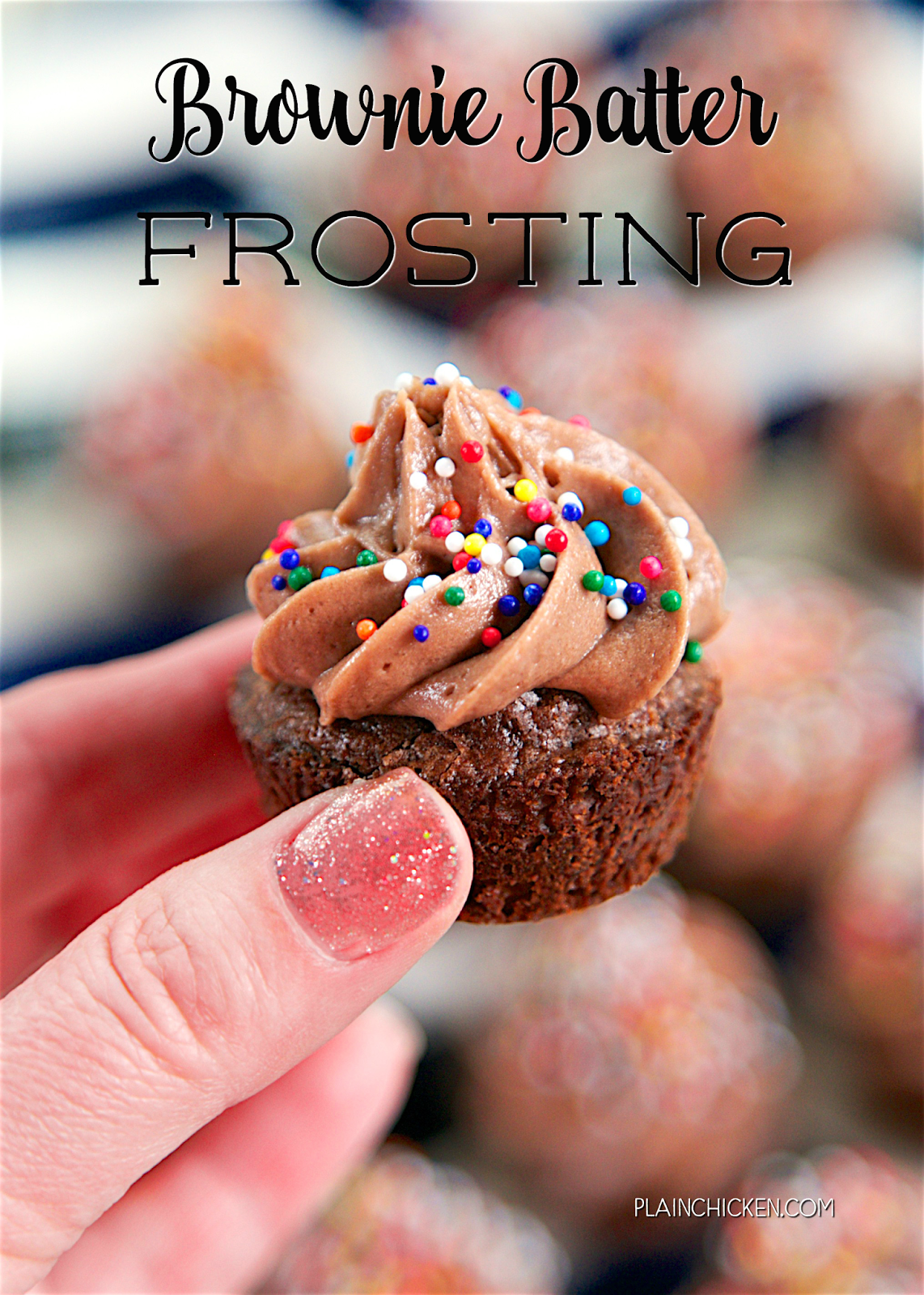 Brownie Batter Frosting - only 4 ingredients to the most AMAZING frosting! Great on brownie bites, cupcakes, cakes or a spoon!! Ready in about 5 minutes. Can refrigerate or freeze for later!