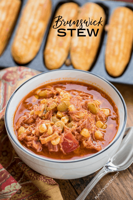 Quick Brunswick Stew - ready in 20 minutes! Pulled pork, chicken, lima beans, corn, chicken broth, BBQ sauce, tomato sauce - throw in the pot, bring to a boil and simmer for a few minutes. SO delicious! We made this two weeks in a row. We couldn't get enough of it! YUM!