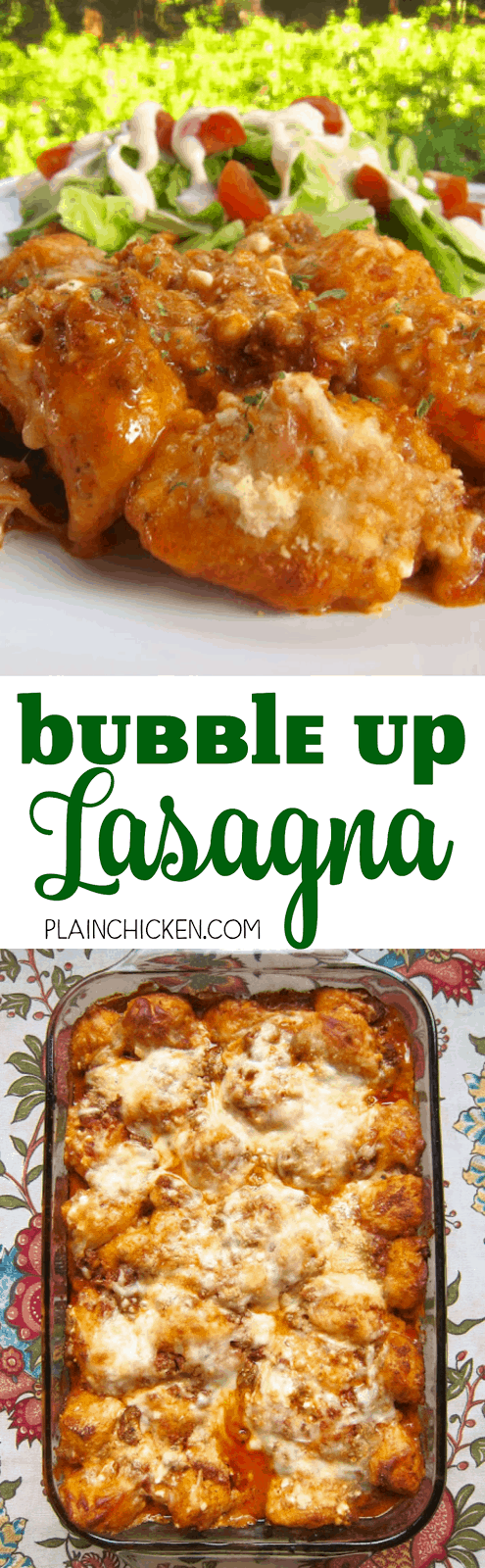 Bubble Up Lasagna - Italian sausage, spaghetti sauce, 3 cheeses tossed with chopped refrigerated biscuits - all the flavors of lasagna without all the work! I literally wanted to lick my plate! Precook the sausage and this dish is ready before the oven can preheat!