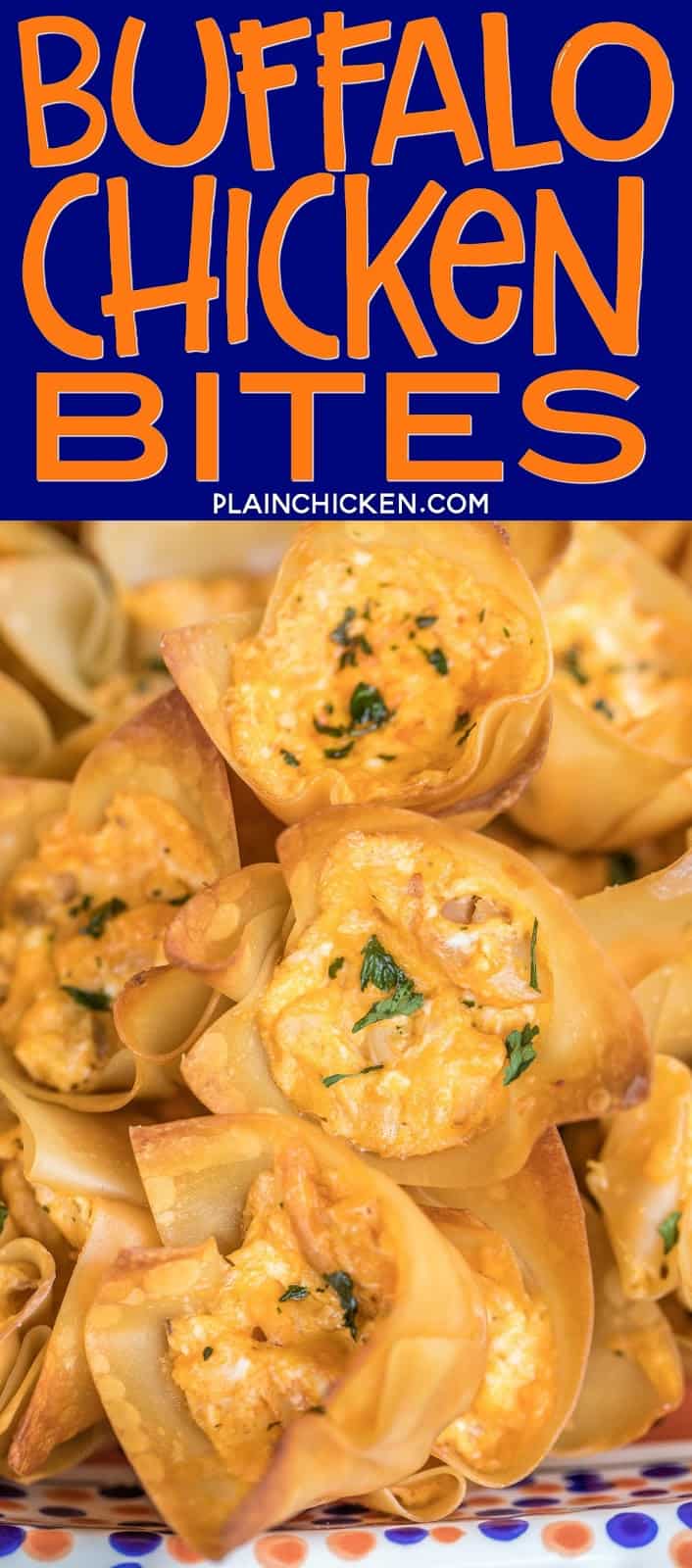 Buffalo Chicken Bites - creamy buffalo chicken dip baked in wonton wrappers. PERFECT for parties and tailgating!! I love these bite-sized appetizers!! Can adjust hot sauce to make the dip fit your tastes. Everyone RAVES about this yummy appetizer recipe! Always gone in a flash!