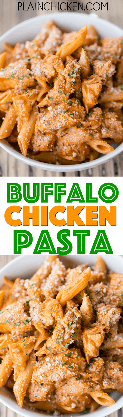 Buffalo Chicken Pasta - ready in under 20 minutes! SO simple and SO delicious! Great weeknight pasta recipe! Chicken and penne pasta tossed in tomato sauce, wing sauce, shallots, garlic, worcestershire and heavy cream. Top with some grated Parmesan cheese. Everyone cleaned their plates!