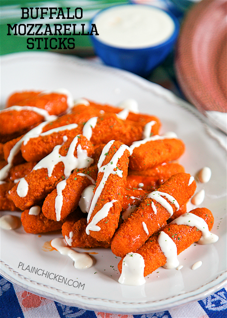 Buffalo Mozzarella Sticks - two favorites combined into one! SO good! Only 2 ingredients and ready in 15 minutes. Great for parties and tailgating. 