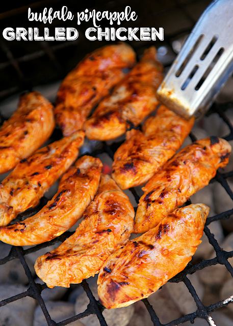 Buffalo Pineapple Chicken - chicken marinated in buffalo sauce and pineapple juice - grill, pan sear or bake for a quick weeknight meal. A little spicy, a little sweet and a whole lotta delicious! Ready to eat in 15 minutes!