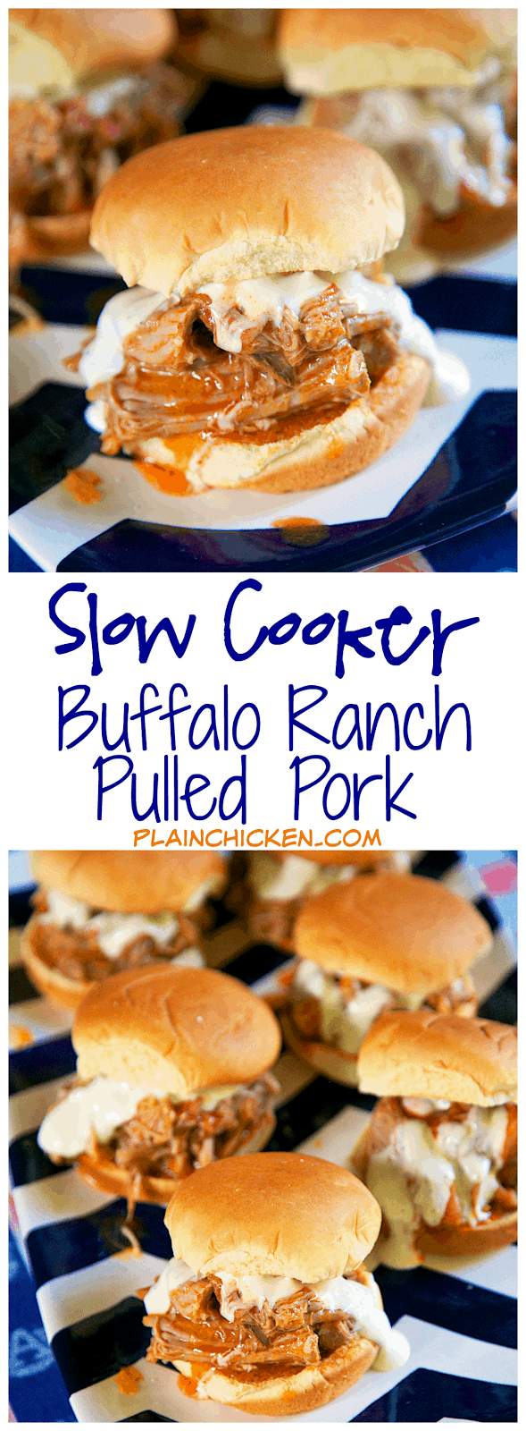Slow Cooker Buffalo Ranch Pulled Pork - throw 3 ingredients into the slow cooker and let it do all the work. Great for tailgating or an easy lunch or dinner. Serve on slider buns or over nachos or rice. Can freeze leftovers!