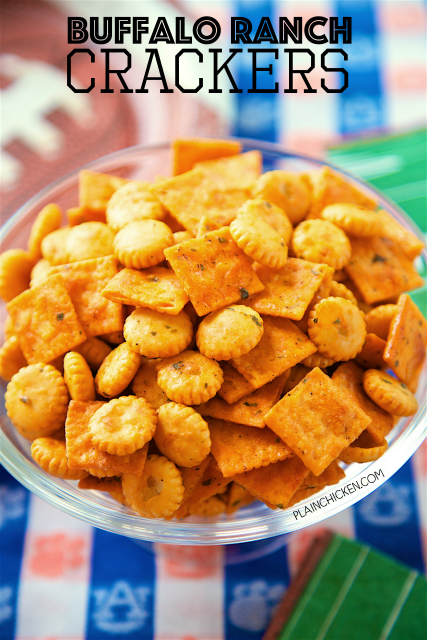 Buffalo Ranch Crackers - SO good! Great for parties or on top of soups and chili. Oyster crackers, Cheez-its, ranch mix, oil and buffalo sauce. Makes a ton. We always have a bag in the pantry. YUM!