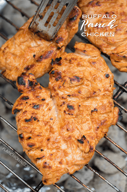 Buffalo Ranch Grilled Chicken - all the flavor of wings but without the messy fingers! This chicken is CRAZY good!! Only 5 ingredients in the marinade - olive oil, Ranch, buffalo sauce, Worcestershire and garlic. Can marinate overnight for maximum flavor. We always double the recipe and there are never any leftovers! Such a delicious quick and easy chicken recipe!