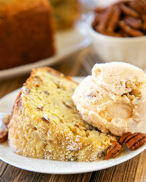 Butter Pecan Pound Cake - one of the AMAZING pound cakes I've ever eaten! So easy and delicious! Flour, vanilla pudding, butter, pecans, eggs, sour cream and Vanilla, Butter and Nut extract. Only takes a minute to make and it smells amazing while it bakes!I took this to a party and everyone asked for the recipe!