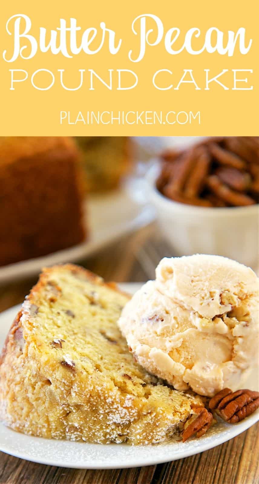 Butter Pecan Pound Cake - one of the AMAZING pound cakes I've ever eaten! So easy and delicious! Flour, vanilla pudding, butter, pecans, eggs, sour cream and Vanilla, Butter and Nut extract. Only takes a minute to make and it smells amazing while it bakes!I took this to a party and everyone asked for the recipe!