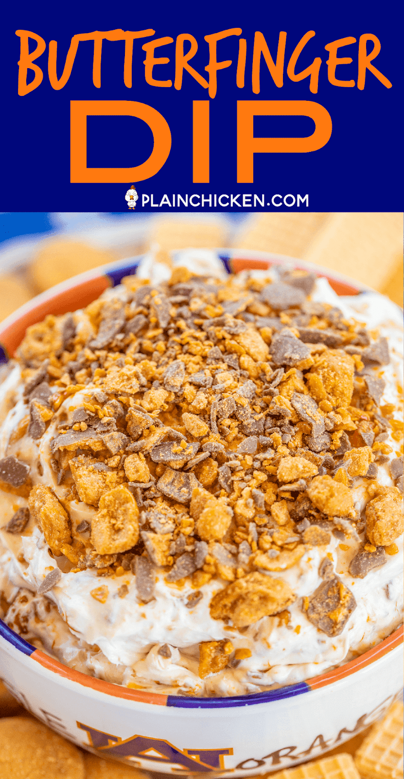 Butterfinger Dip - only 4 ingredients and ready in minutes!!! This stuff should come with a warning label - SO good!!! Cream cheese, cool whip, brown sugar and butterfinger candy bars. Serve with vanilla wafers, sugar cookies, fruit, graham crackers or pretzels. Can make a day in advance and refrigerate until ready to serve. Great for tailgating and holiday parties!! Everyone RAVES about this yummy dessert dip! #dessert #dip #partyfood #butterfingers