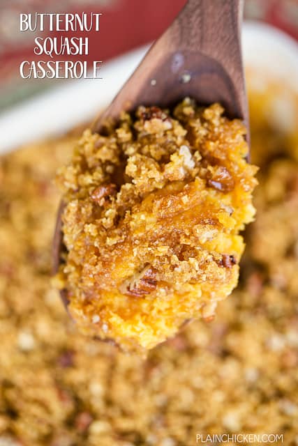Butternut Squash Casserole - the crunchy topping makes the dish! SO delicious!! Butternut squash, eggs, sugar, butter, milk, coconut, ginger topped with cornflakes, brown sugar, pecans and butter. AMAZING! Perfect side dish for your holiday meals.