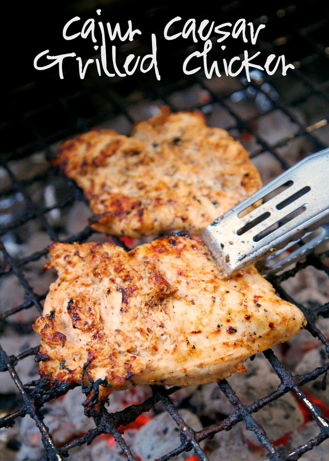 Cajun Caesar Grilled Chicken Recipe - 3 ingredient marinade! Caesar dressing, cajun seasoning and lemon juice. SO simple and super delicious! Whisk up marinade in the morning and let the chicken hang out in the fridge all day. Grill up for a quick and delicious dinner.