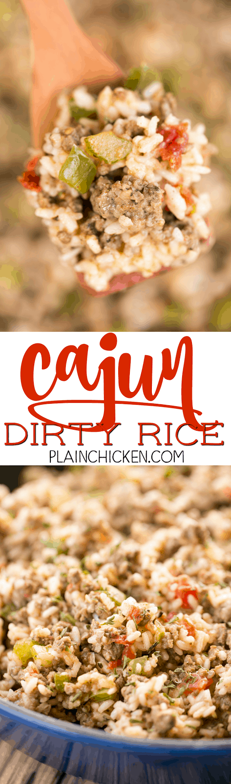 Cajun Dirty Rice - delicious one-pot meal!! Ready in under 30 minutes! Great for Mardi Gras parties!!! Ground beef, pork sausage, onion, bell pepper, celery, cajun seasoning, rice, chicken broth and diced tomatoes and green chiles. This was a huge hit in our house!