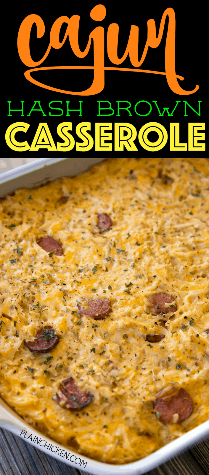 Cajun Hash Brown Casserole - cheesy hash brown casserole loaded with chicken and smoked sausage. Seriously DELICIOUS! We ate this three days in a row! OMG! Chicken, smoked sausage, cajun seasoning, cheddar cheese, hash browns, cream of chicken soup and sour cream. This is a family favorite! Makes a great freezer meal!
