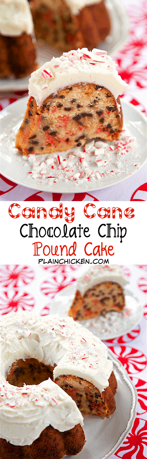 Candy Cane Chocolate Chip Pound Cake - homemade pound cake loaded with crushed candy canes and chocolate chips and topped with a quick homemade peppermint buttercream - AMAZING! Definitely going on our holiday table!