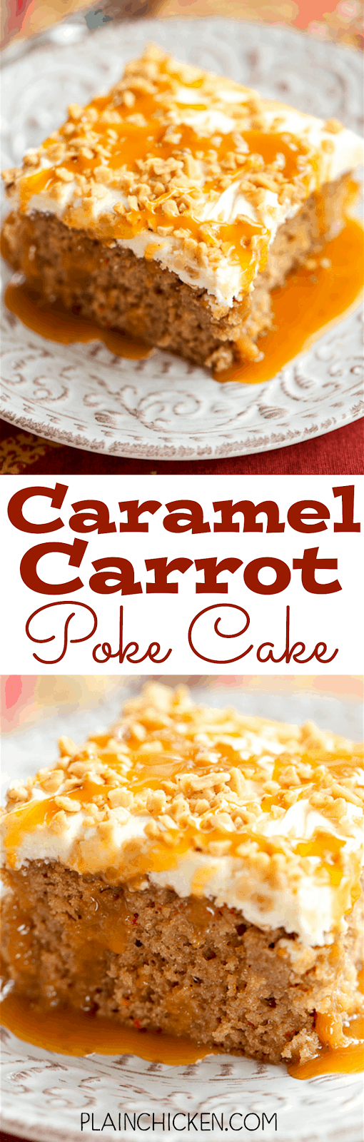 Caramel Carrot Poke Cake - carrot cake soaked in sweetened condensed milk and caramel and topped with a quick homemade cream cheese frosting. SO good! Great for potlucks and the holidays. 