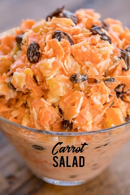 Carrot Salad - an easy and delicious side dish!! Only 6 ingredients - carrots, raisins, pineapple, coconut, sugar and mayonnaise. Reminds me of the carrot salad from Chick-fil-a!! SO good! Great side dish for potlucks or brunch. Can make in advance and refrigerate until ready to serve. YUM! #sidedish #carrotsalad #saladrecipe
