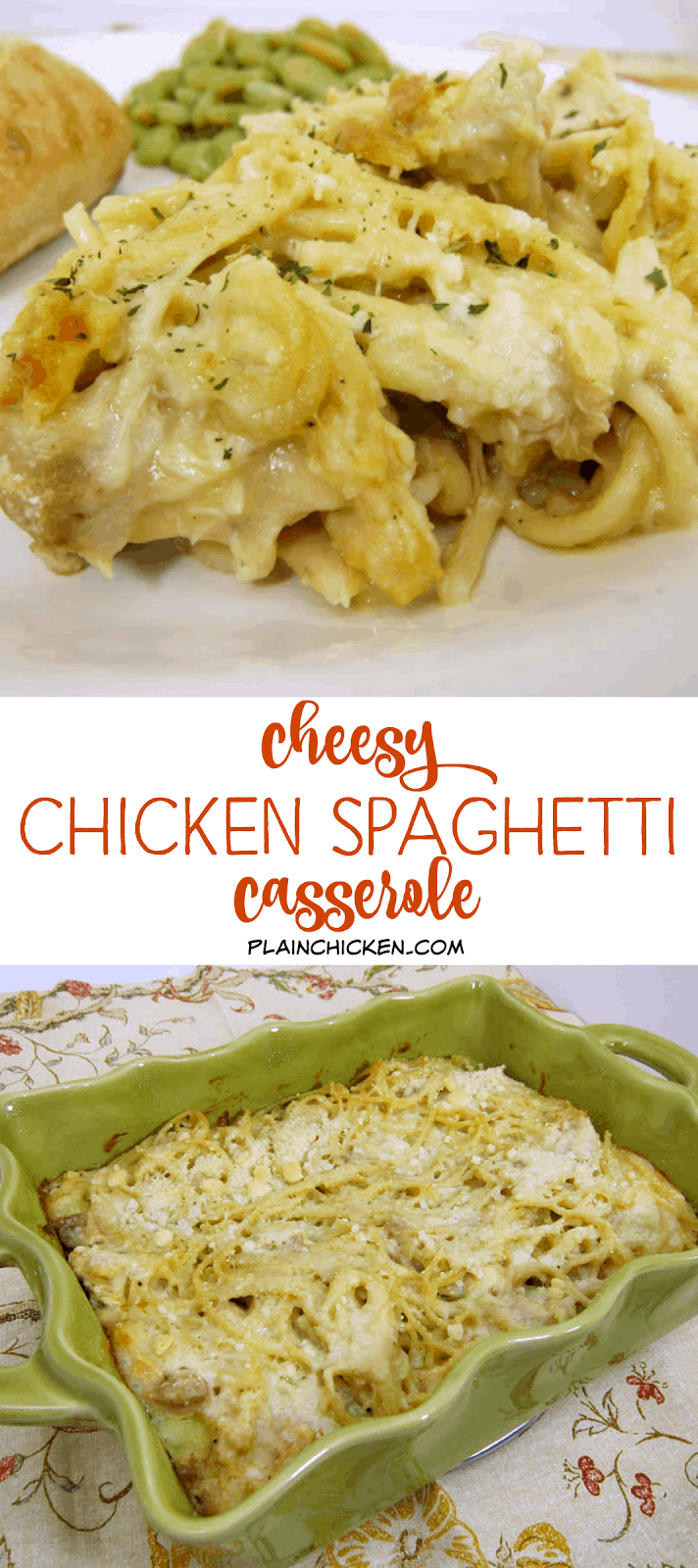 Cheesy Chicken Spaghetti Casserole - spaghetti, chicken, cream of chicken, milk, onion, garlic, mozzarella and parmesan cheese - Ready in 30 minutes! We love this quick weeknight meal!! Can make ahead of time and freeze or refrigerate for later. Kids love this casserole!!