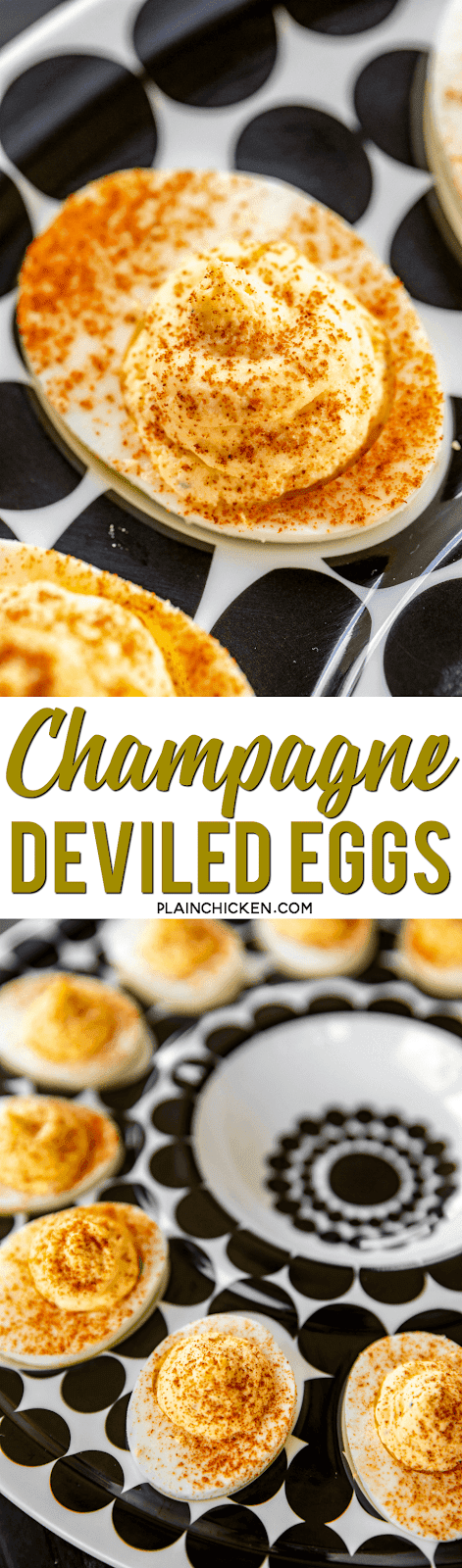 Champagne Deviled Eggs - seriously delicious!! Made these for a party and everyone raved about them!!! Can make ahead of time and refrigerate until ready to serve. Hard boiled eggs, mayonnaise, onion powder, champagne vinegar, salt, pepper, dry mustard. Perfect appetizer for parties and tailgating!! #deviledeggs #newyearsparty #partyfood #champagne