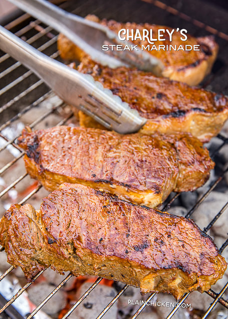 Charley's Steak Marinade - seriously delicious! Only 6 simple ingredients - yellow mustard, garlic, soy sauce, brown sugar, salt and pepper. The BEST steak marinade EVER! SO simple and packed full of amazing flavor! Give this a try ASAP! #grilling #steak #marinade 