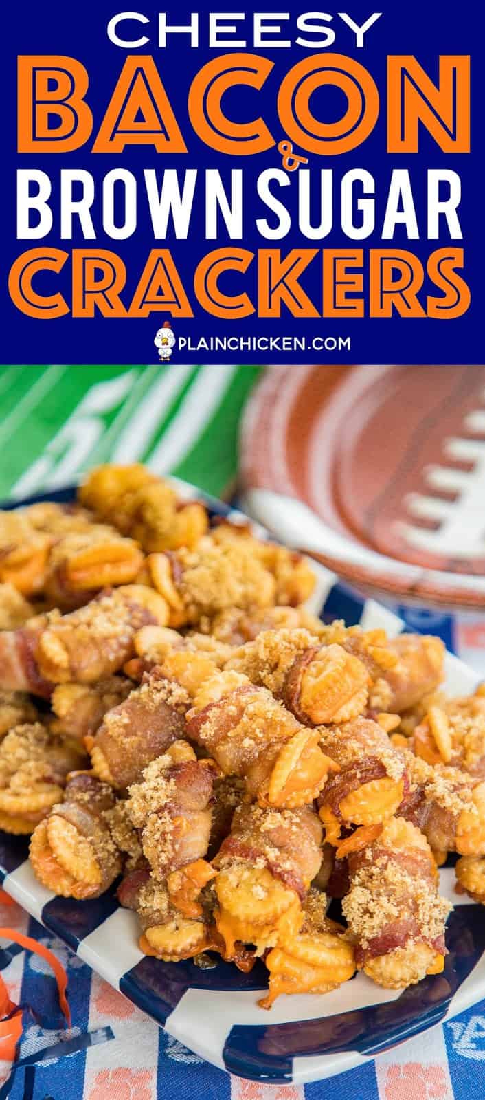 Cheesy Bacon and Brown Sugar Crackers - so good! You can't eat just one!!! Townhouse crackers stuffed with cheddar cheese, wrapped in bacon and topped with brown sugar. These are always a hit at parties!!! Sweet and Savory in every bite! #bacon #appetizers #tailgating