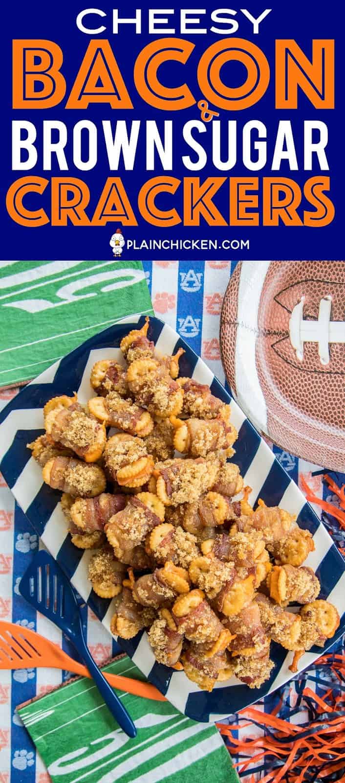 Cheesy Bacon and Brown Sugar Crackers - so good! You can't eat just one!!! Townhouse crackers stuffed with cheddar cheese, wrapped in bacon and topped with brown sugar. These are always a hit at parties!!! Sweet and Savory in every bite! #bacon #appetizers #tailgating