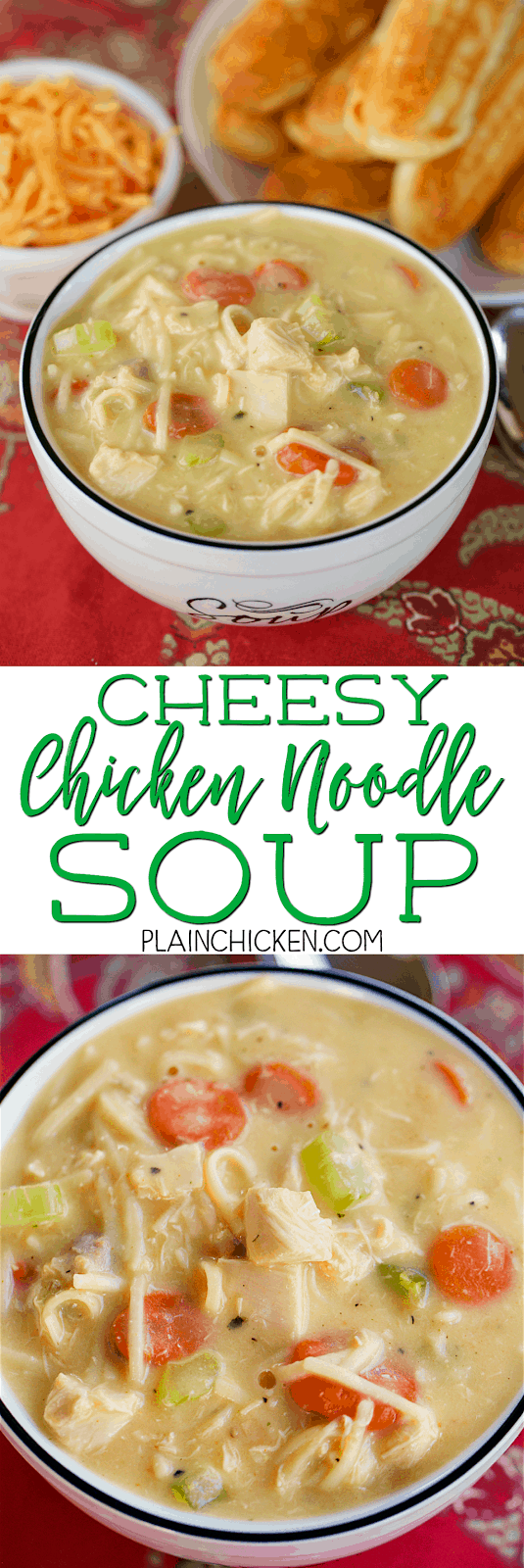 Cheesy Chicken Noodle Soup - ready in under 30 minutes! Just dump everything in the pot and let it simmer. SO easy! We LOVE this soup!!! Chicken, cheese soup, chicken broth, milk, celery, carrots, egg noodles and cheddar cheese. We make this at least once a month. 