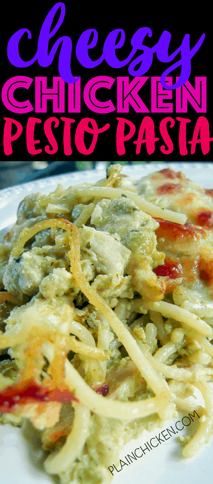 Cheesy Chicken Pesto Pasta - only 6 ingredients! Chicken, spaghetti, pesto, ricotta, mozzarella and parmesan - SO good! Great make ahead pasta casserole recipe - can freeze too!
