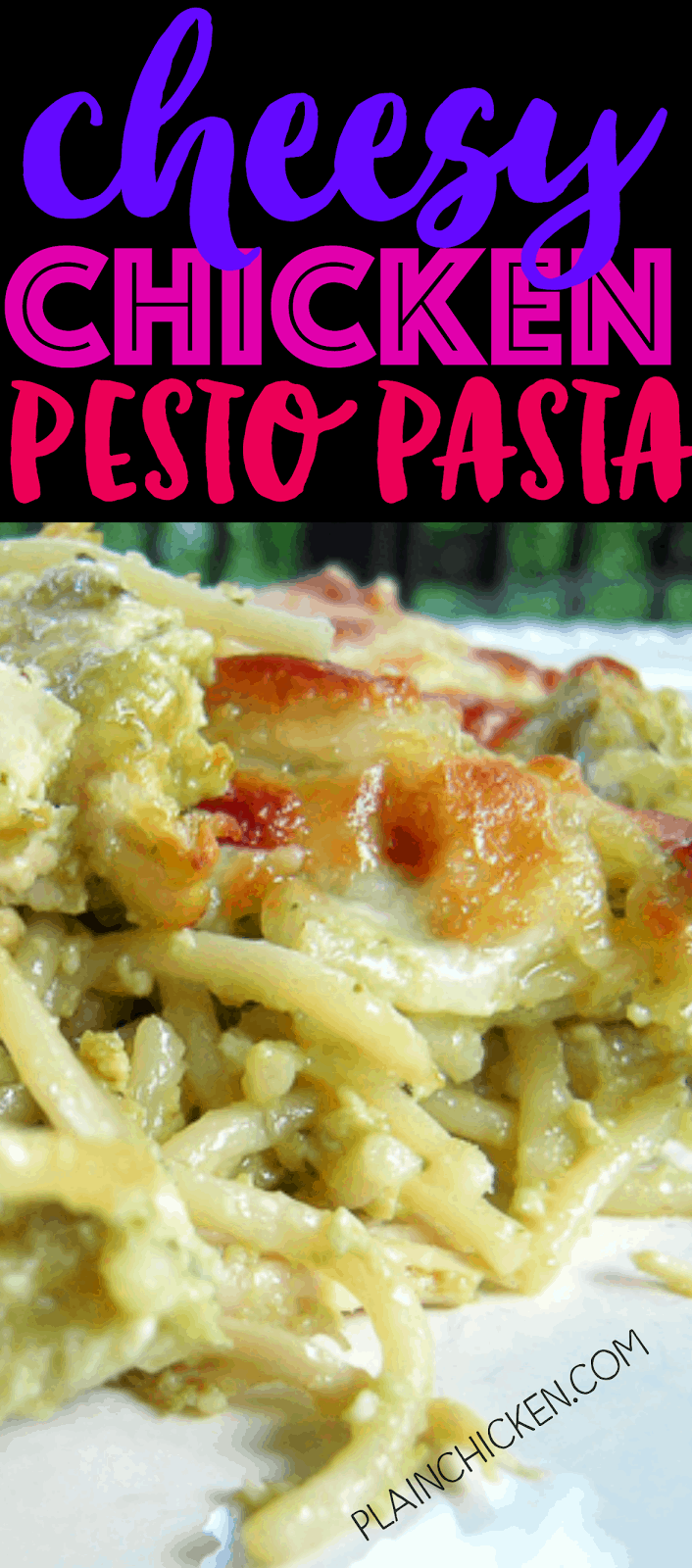 Cheesy Chicken Pesto Pasta - only 6 ingredients! Chicken, spaghetti, pesto, ricotta, mozzarella and parmesan - SO good! Great make ahead pasta casserole recipe - can freeze too!