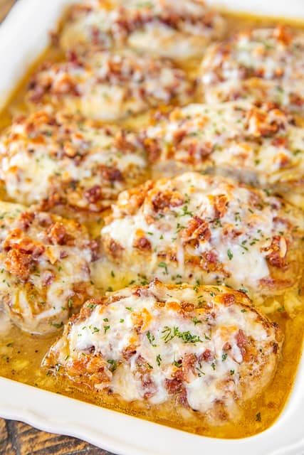 baked pork chops in a baking dish