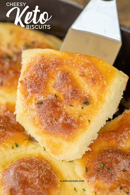 Cheesy Keto Biscuits - delicious! Even if you aren't doing the Keto diet, you will love these biscuits! We had these at a friends house, and my husband couldn't stop eating them!! SO good! LOADED with cheese! Cream cheese, mozzarella cheese, eggs, baking powder, almond flour and melted butter. Can make individual biscuits or one large loaf. I like to brush the baked biscuits with melted butter and garlic powder. #keto #bread #lowcarb