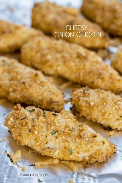 Cheesy Onion Chicken - chicken tenders coated with french fried onions, parmesan cheese, panko bread crumbs and garlic.The flavor is FANTASTIC! Baked not fried! Can make ahead and freeze for later. Great as a main dish, on top of a salad or in a wrap. Everyone LOVES this chicken!
