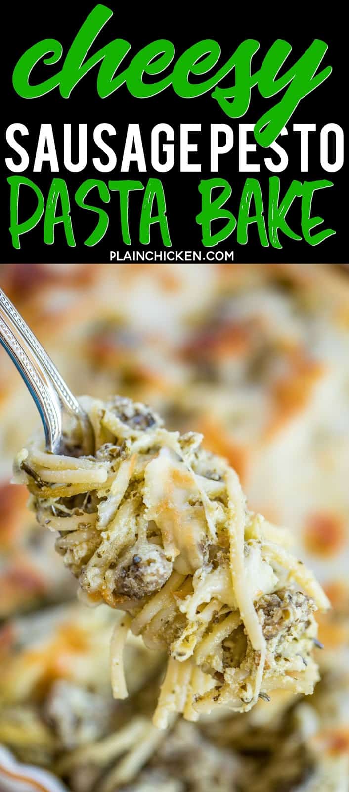 Cheesy Sausage Pesto Pasta Bake - only 6 ingredients! Sausage, spaghetti, pesto, ricotta, mozzarella and parmesan - SO good! Great make ahead pasta casserole recipe - can freeze too! There are never any leftovers. Such a quick and easy casserole recipe!! #pasta #casserole
