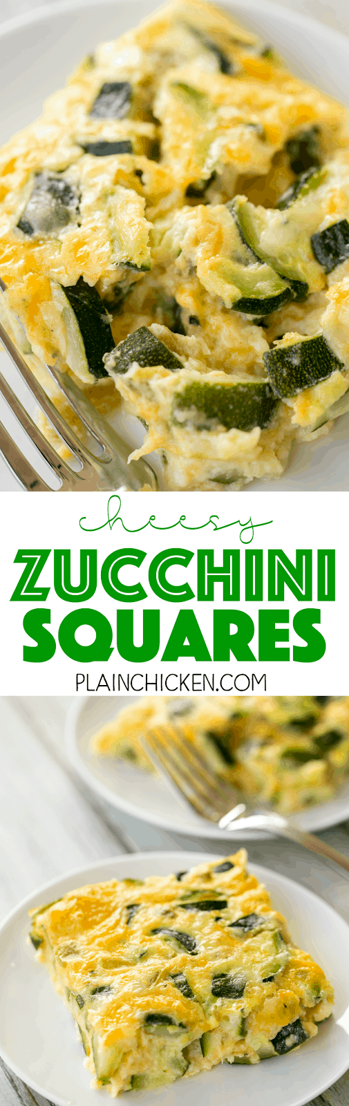 Cheesy Zucchini Squares - DELICIOUS side dish or breakfast casserole! Perfect way to use up all that yummy summer squash! Zucchini, flour, baking powder, milk, eggs, green chiles and Monterey Jack cheese. We served this as a side dish with our grilled meats and had the leftovers for breakfast! SO YUMMY! Everyone raves about this simple side dish recipe!