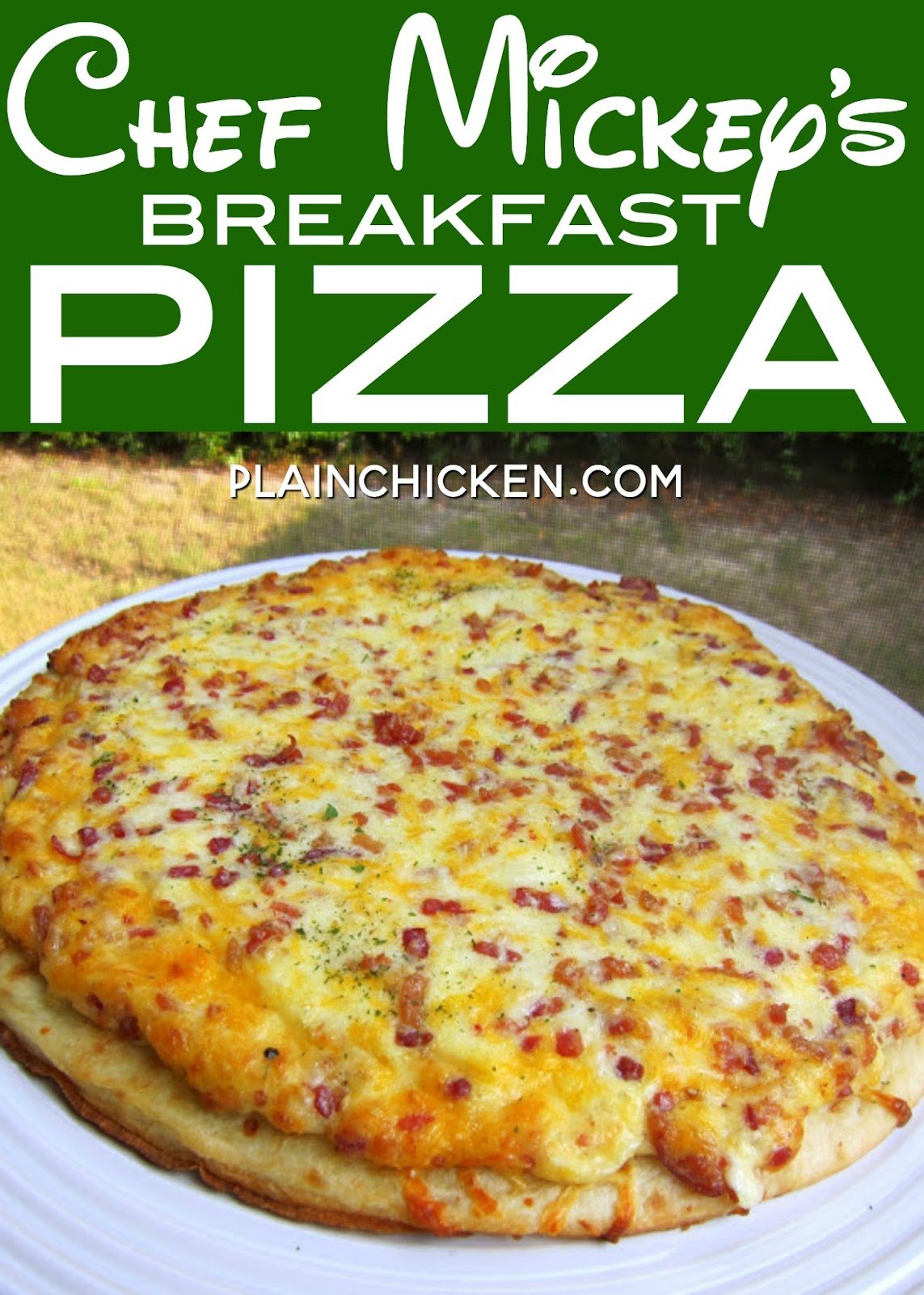 Chef Mickey's Breakfast Pizza - recipe from Walt Disney World - quick and easy breakfast pizza - ready in 10 minutes!! Premade pizza crust topped with eggs, heavy cream, mozzarella, provolone, cheddar and bacon. Great weekday breakfast! #disney #kidfriendly #breakfast