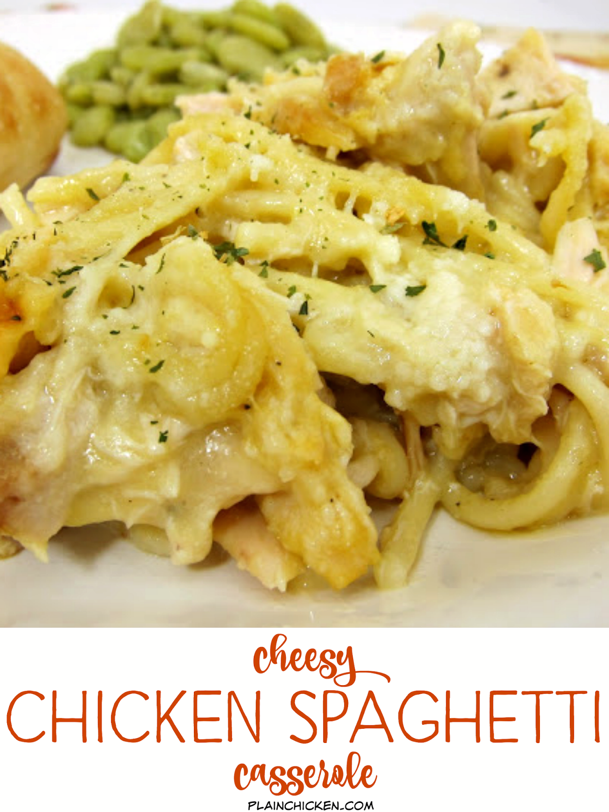 Cheesy Chicken Spaghetti Casserole - spaghetti, chicken, cream of chicken, milk, onion, garlic, mozzarella and parmesan cheese - Ready in 30 minutes! We love this quick weeknight meal!! Can make ahead of time and freeze or refrigerate for later. Kids love this casserole!!
