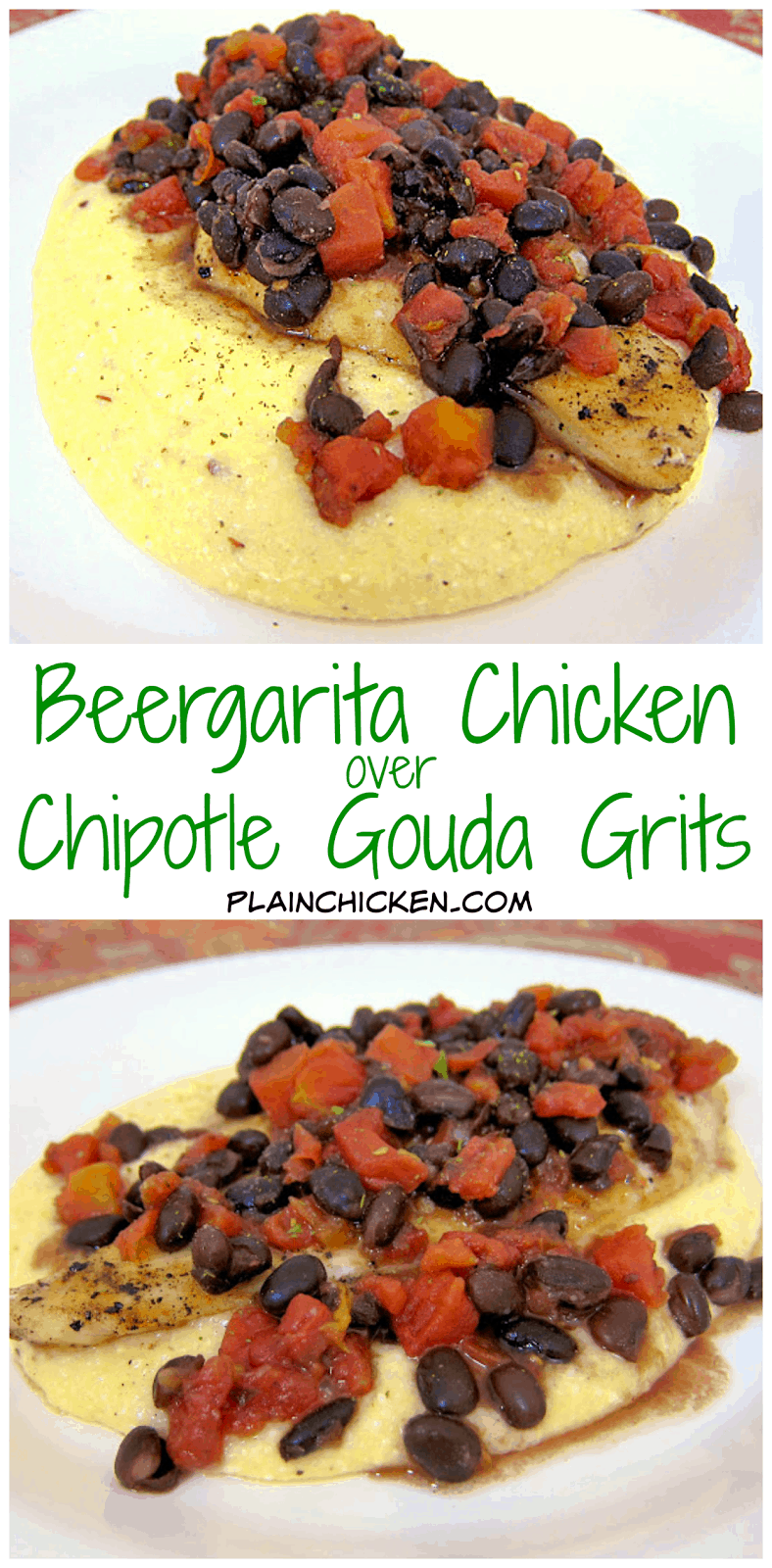 Beergaria Chicken over Chipotle Gouda Grits Recipe - chicken marinated in margarita mix, beer, and rotel, grilled and served over chipotle gouda grits and topped with spicy black beans. We literally licked our plates! Great mexican fiesta! My husband inhaled this and asked if I made extra - next time I will double the recipe. It is that good!
