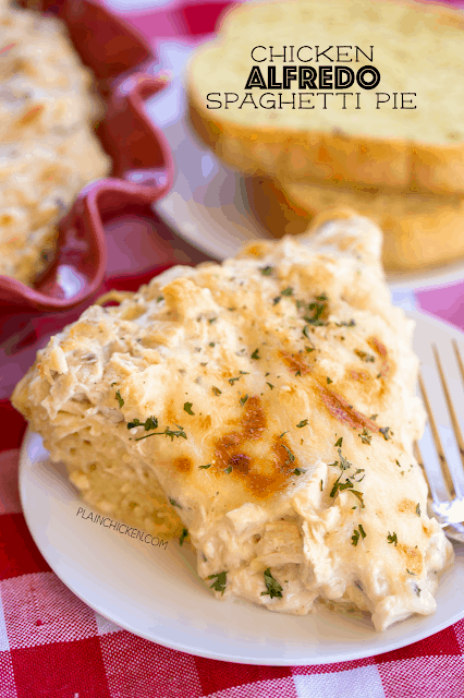 Chicken Alfredo Spaghetti Pie - a great twist to traditional spaghetti pie! Chicken, Alfredo sauce, spaghetti, eggs, parmesan cheese, mozzarella. SO good! Everyone raved about this pasta casserole!! Can make ahead and refrigerate or freeze for later. 